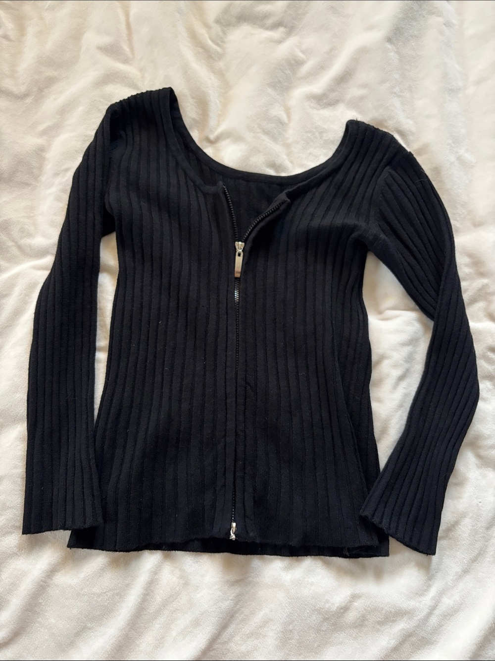 Black Ribbed Zip-Front Long Sleeve Top - Picture 4 of 4